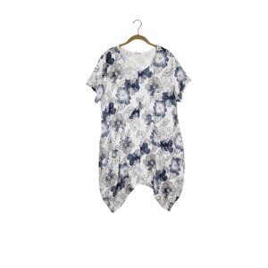 Made in Italy Gauze Tunic Top Blue White Floral Cotton Lagenlook Womens Size M/L